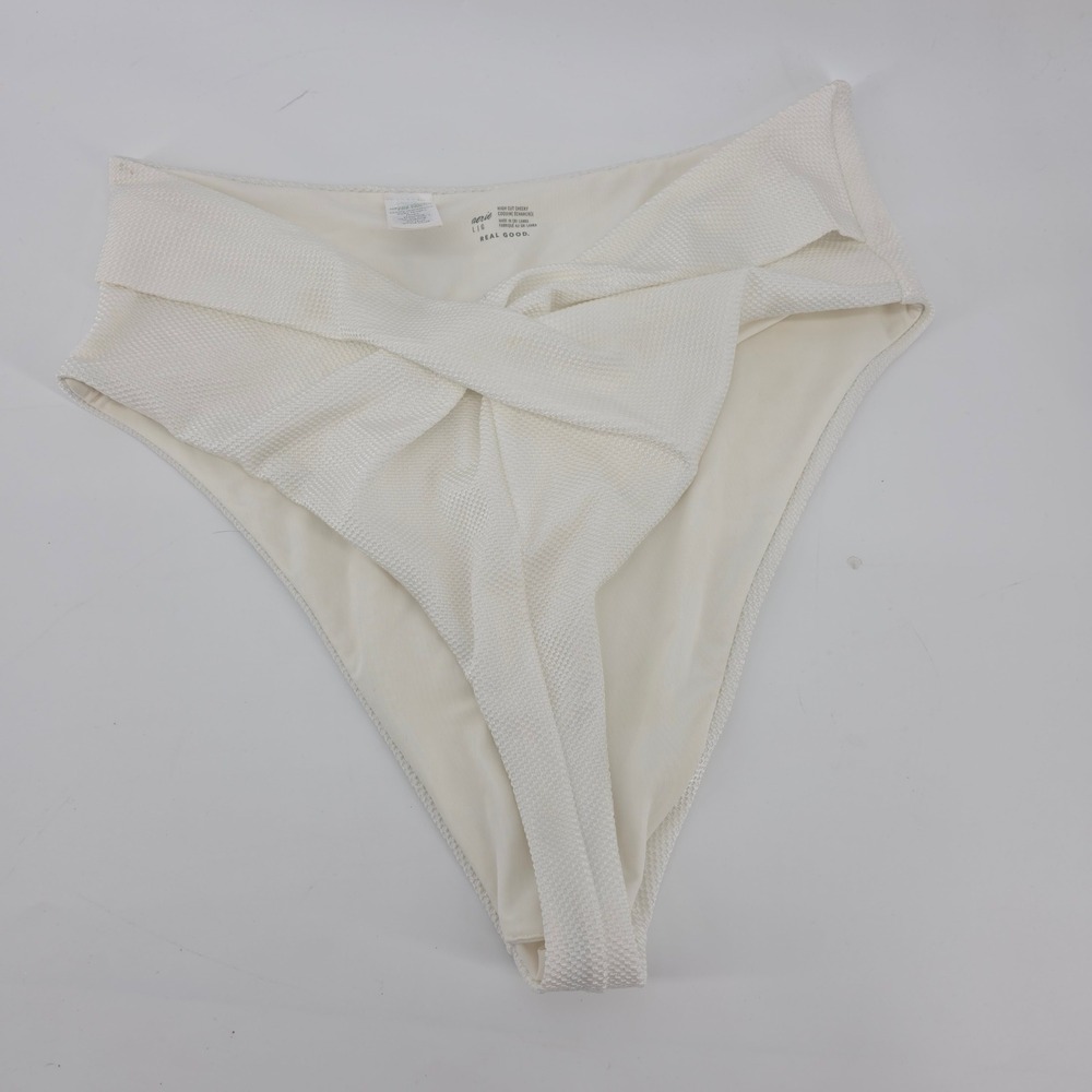 Aerie Real Good High Cut Cheeky Bikini Bottom White Textured Wrap Front Large